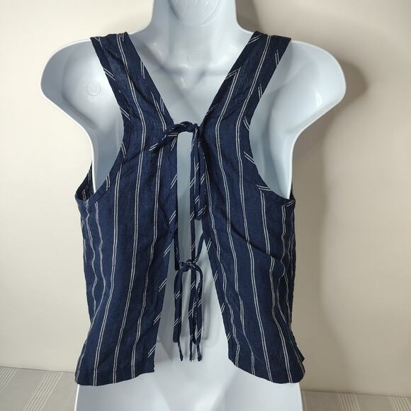 Onia Tank Top Womens Medium 100% Linen Navy Blue White Stripe Tie Open Back‎ - Picture 5 of 12